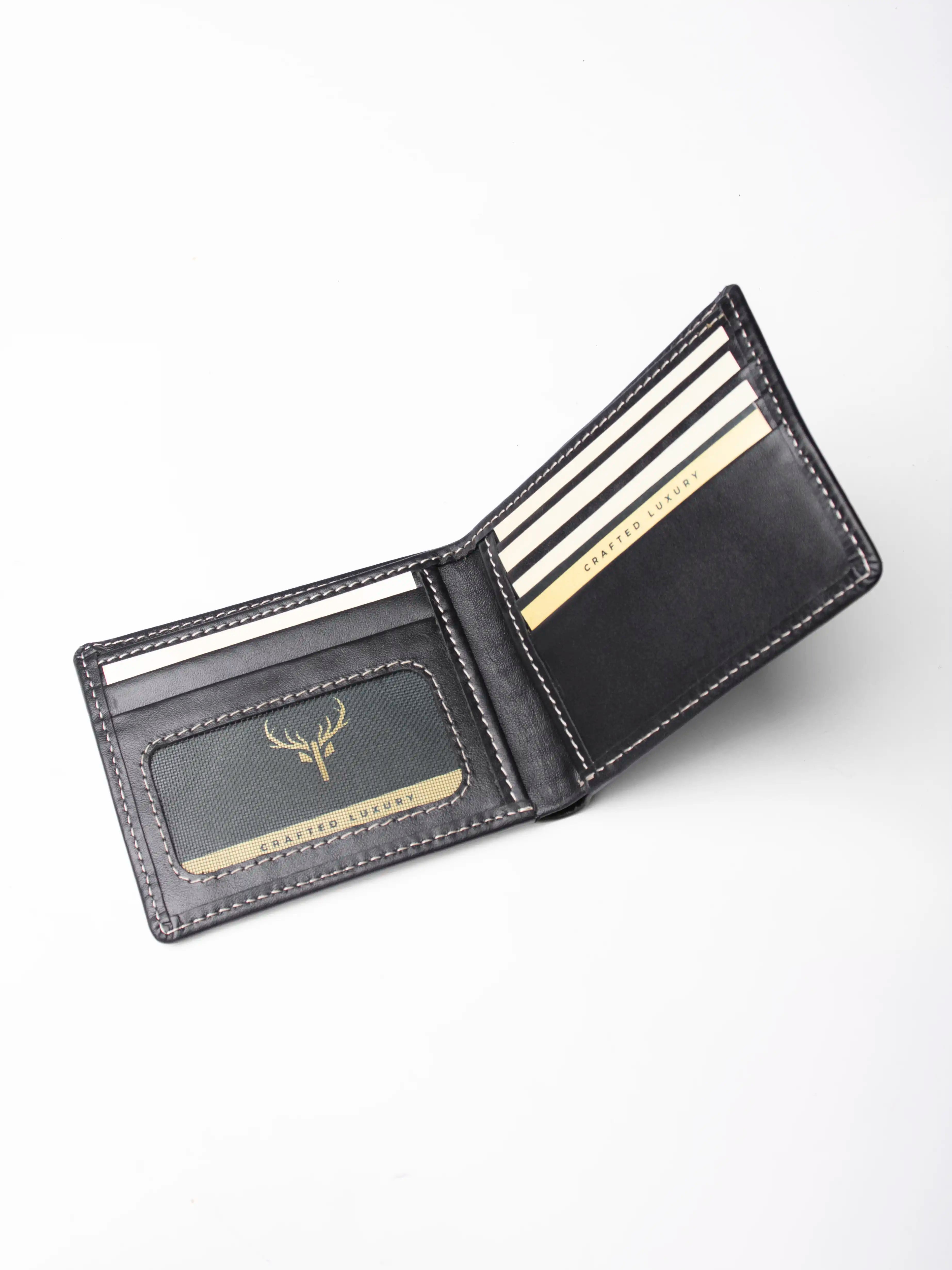 Black leather wallet with gold accents on a white background