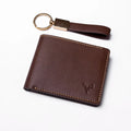Brown leather wallet with keychain on a white background